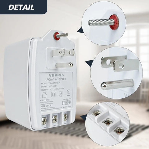 Detailed view of the 24 Volt AC Plug In Doorbell Transformer for Ring Doorbells and Compatible With Nest Ecobee Sensi and Honeywell Thermostats