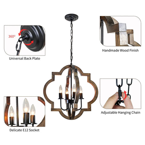 Rustic Farmhouse Chandelier For Dining Room With Adjustable Height Chain, 19.49 Inch Wood And Black Metal Pendant Light Over Table, Cozy Vibe For Kitchen Island And Hallway Dining Area Decor