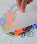 Person peeling back DTF Transfer Film L1800 for Sublimation and DTF Inkjet Printers A3 Roll 13 Inch by 328 Feet Heat Transfer Paper
