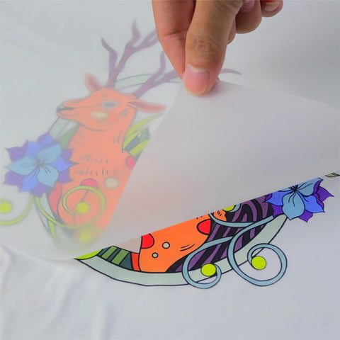 Person peeling back DTF Transfer Film L1800 for Sublimation and DTF Inkjet Printers A3 Roll 13 Inch by 328 Feet Heat Transfer Paper