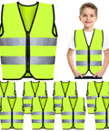 Kids High Visibility Safety Vests Bulk Pack Of 10 Neon Reflective Traffic Vests With Zippers For Ages 3 To 10 Kid Friendly In Fluorescent Green