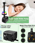 Submersible Fountain Pump 15W 800L/H With LED Lights displayed with suction cups and flow rate knob, near sleeping child