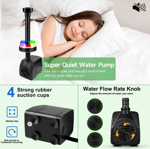 Submersible Fountain Pump 15W 800L/H With LED Lights displayed with suction cups and flow rate knob, near sleeping child