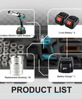Heavy Duty Rechargeable Cable Stripper For 50-300 Mm2 Wires with accessories including batteries and bushing, shown in product list.
