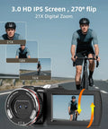 3.0 HD IPS screen of 4K UHD 60FPS Camcorder With 64MP Dual Lens for YouTube and TikTok Vlogging showing cyclist with digital zoom options
