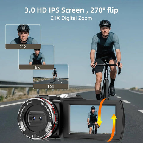 3.0 HD IPS screen of 4K UHD 60FPS Camcorder With 64MP Dual Lens for YouTube and TikTok Vlogging showing cyclist with digital zoom options