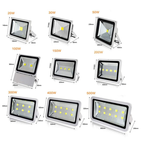 JUDYSSY Floodlight,Led Outdoor Light Ip65 Waterproof in sizes 20W to 500W showing multiple floodlight designs and dimensions.