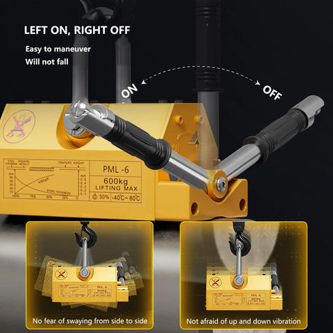 Heavy Duty Permanent Magnetic Lifter With Smooth Release Handle For Shop Cranes Lifting Iron Plates And Round Pipes Up To 6600 Pounds showing easy-to-use handle and safety features.