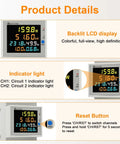 Dual Channel Single Phase Energy Meter On DIN Rail With LCD Display No Fuss Setup, Split Core CT, 100A, kWh Readout, Tracks Main And Sub Circuits, 6 In 1 Power Meter For Home, Office And Industrial Load Monitoring, front view
