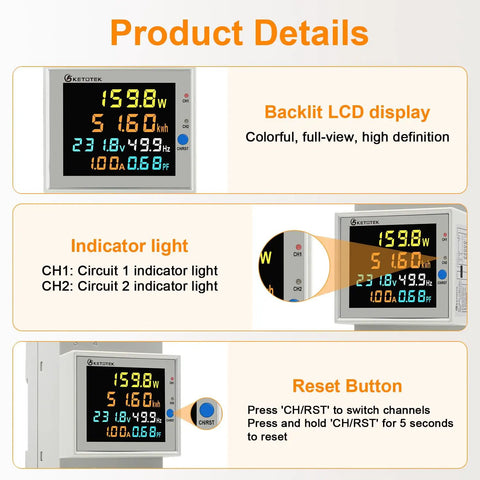 Dual Channel Single Phase Energy Meter On DIN Rail With LCD Display No Fuss Setup, Split Core CT, 100A, kWh Readout, Tracks Main And Sub Circuits, 6 In 1 Power Meter For Home, Office And Industrial Load Monitoring, front view