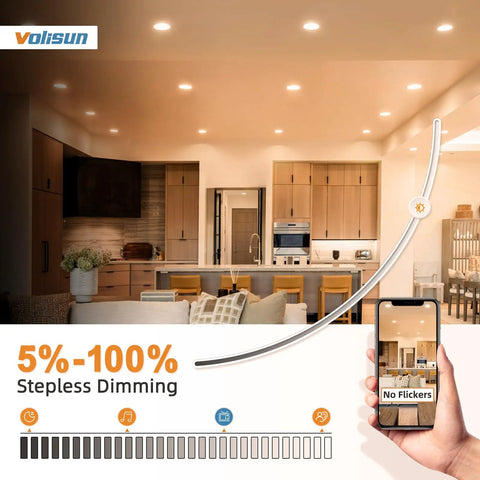 Modern kitchen illuminated by 12 Pack 4 Inch LED Recessed Lighting With Junction Box, 5CCT Selectable 2700K To 5000K, dimmable lights