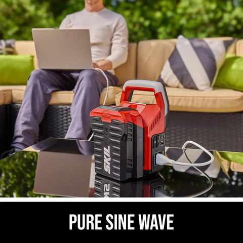 Built Tough 40V Power Inverter Dropping 300W Steady And 500W Peak Wattage with USB-C port on a table outdoors.