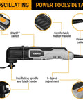 Hardcore 2.5 Amp Oscillating Multi Tool Corded Electric Workhorse With Sick 3000 To 22000 RPM Output features an ON/OFF switch and rubber handle.