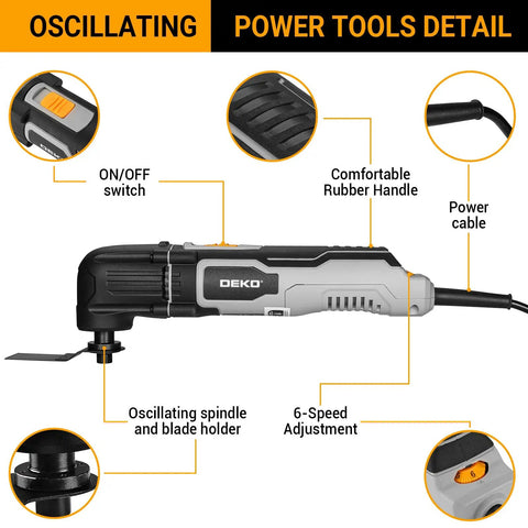 Hardcore 2.5 Amp Oscillating Multi Tool Corded Electric Workhorse With Sick 3000 To 22000 RPM Output features an ON/OFF switch and rubber handle.