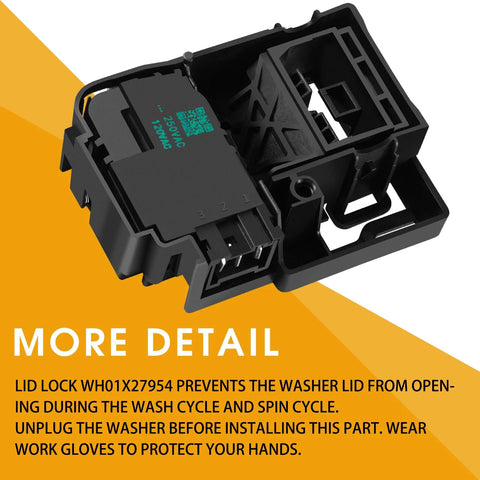 Washer lid lock switch WH01X27954, black plastic, close-up view for GE/Hotpoint top-load washers.