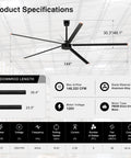 Heavy Duty 144 Inch HVLS Industrial Ceiling Fan With Five Slick Aluminum Blades And 200W Ridiculously Quiet DC Motor specifications diagram