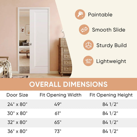 Sliding Pocket Door Kit 30 By 80 Inches With Track Hardware And Frame Kits White Paintable Door Slab Satin Nickel Privacy Latch Included Soft Close Mechanism For Smooth Durable Operation And Quiet Smooth Action For Everyday Use Across Modern Home with paintable door and dimensions chart