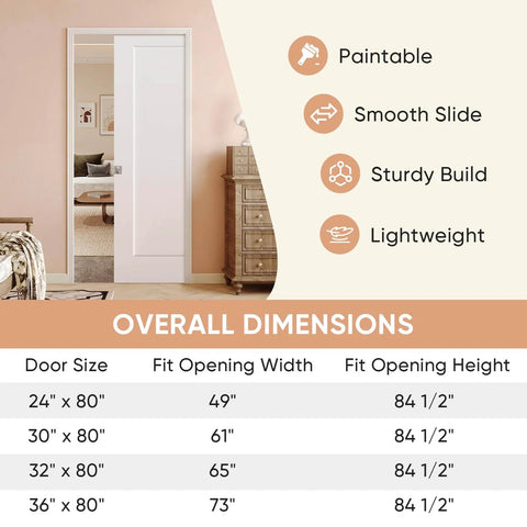 32 Inch By 80 Inch Sliding Pocket Door Kit With Track Hardware And Frame installed with dimension chart