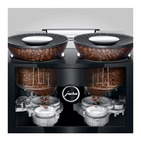 Top Shelf Fully Automatic Commercial Coffee Station Featuring Six Point Seven Inch Touchscreen Interface with dual coffee bean hoppers.