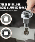 Hand using 33-Piece Bolt Extractor And Nut Remover Set For Removing Damaged Rusted Bolts And Screws with reverse spiral design.