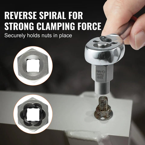 Hand using 33-Piece Bolt Extractor And Nut Remover Set For Removing Damaged Rusted Bolts And Screws with reverse spiral design.