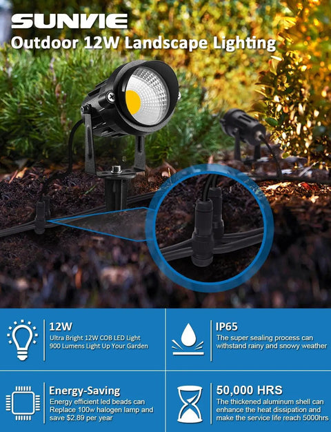 Low Voltage 12V LED Landscape Lights Four Pack spotlighting a garden, showing waterproof connectors and 900LM warm white glow