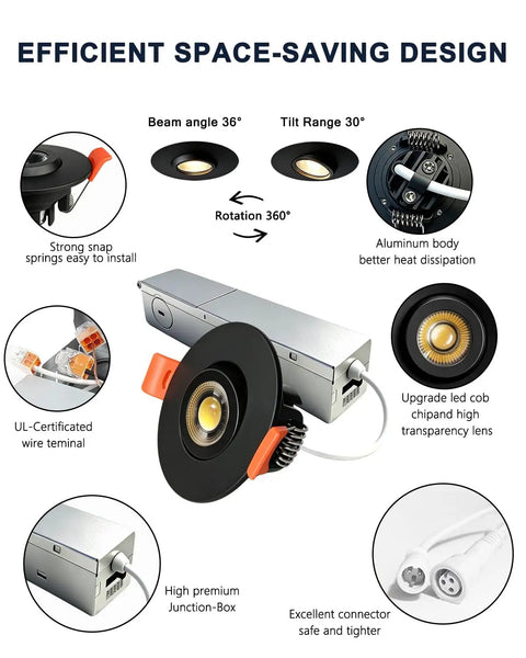 Sublimation 2 inch 5CCT Gimbal Led Recessed Lights showing 360° rotation, 30° tilt, and aluminum body for better heat dissipation.
