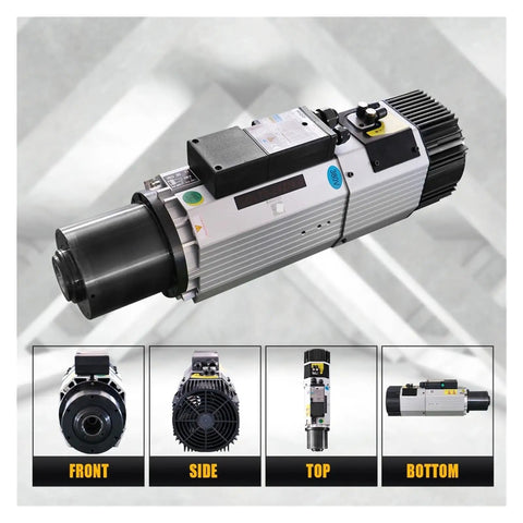 Pro Grade 9Kw Automatic Tool Change Spindle Motor For Woodworking Cnc Routers 24000Rpm Iso30 Air Cooled showing front, side, top, and bottom views.