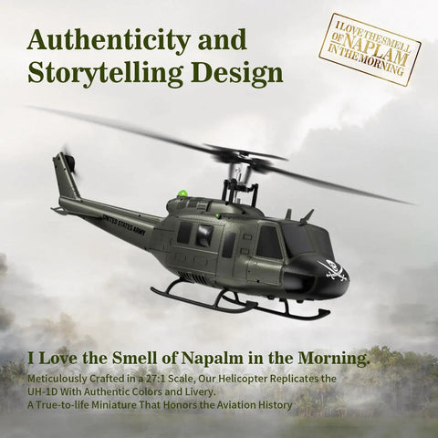 UH-1 Huey RC Helicopter With Auto Hover Dope Collectible 1/27 Scale Desk Model in flight with military livery and pirate skull detail