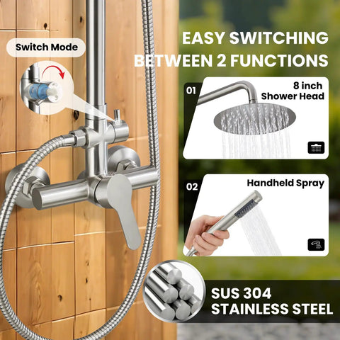 Rugged Outdoor Shower Kit With Dual Function 8 Inch Rain Showerhead And Handheld Spray Wall Mount Single Handle SUS304 Stainless Steel Brushed Nickel Finish High Pressure Setup For Garden Patio And Camping, showing switch mode.