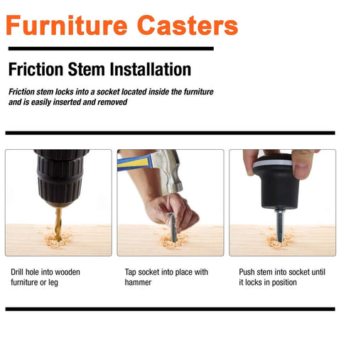 Installation process of fixed caster wheels set of 5 for sofa chair and cabinet replacement with 8x36mm stem mounts and socket inserts.