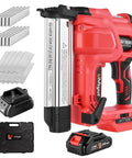 Heavy Duty 20V Cordless Brad Nailer And Stapler Kit Featuring Adjustable Depth Control with staples, battery, and charger.