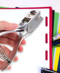 Manual Single Hole Paper Punch For ID Cards And Craft Projects, silver metal hand punch tool with 8 sheet capacity in use