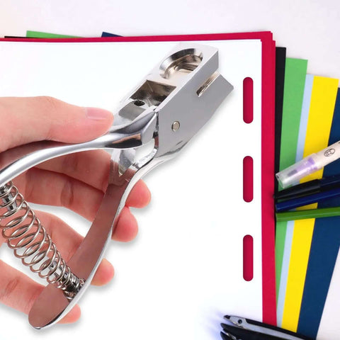 Manual Single Hole Paper Punch For ID Cards And Craft Projects, silver metal hand punch tool with 8 sheet capacity in use