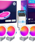 Govee Smart Recessed Lighting 4 Inch, LED Downlight 800 Lumen, 8 Pack, colorful downlights shown with packaging and mobile app.