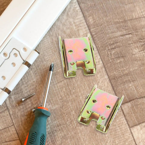Four Sets Golden Metal Folding Cabinet Door Hinges 90 Degree Self Locking Mechanism with screwdriver on wood surface