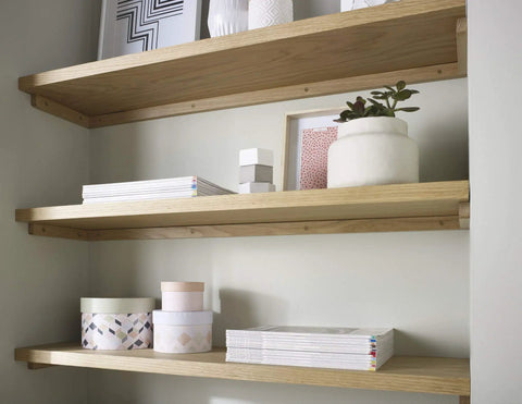Floating shelves with White Oak Wood Veneer Edgebanding 2 Inch by 250 Foot Pre Glued Roll Flexible Wood Tape Iron On