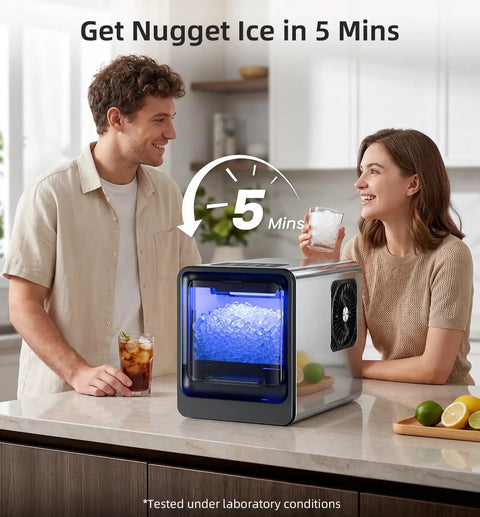 Countertop Nugget Ice Maker Serving Up 35 Pounds Daily In Five Flat For Silky Chewable Pebble Ice, fast ice in 5 minutes.