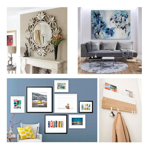 Interior display of a mirror, wall art, and a coat hanger showcasing Heavy Duty 4 Inch French Cleat Picture Hangers Hardware Kit.