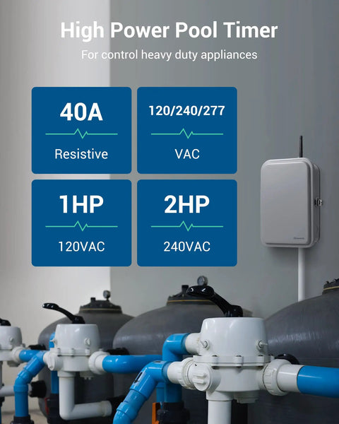 Outdoor Smart WiFi Pool Pump Timer Box Hooked Up With Heavy Duty 40A 120 277 VAC 2HP Wireless Controller installation