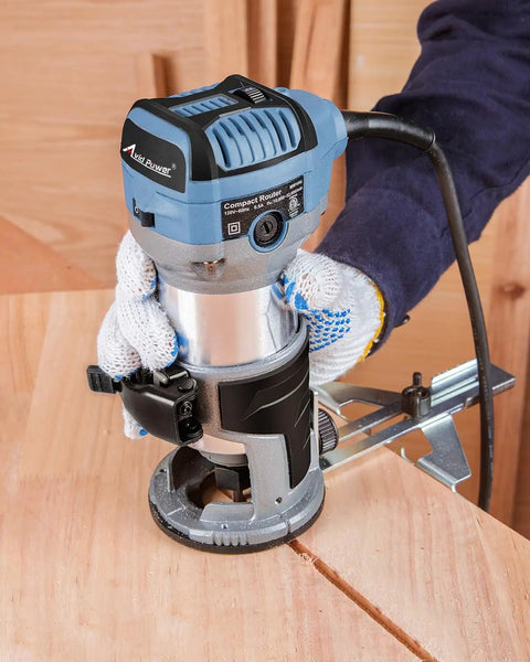 Compact Wood Router With Fixed Base And Edge Guide For Precise Edges, 6.5 Amp Power, 1.25 HP in use on wood surface