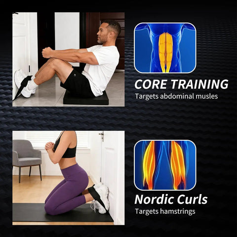 Man and woman using Door Mount Hamstring Curl Strap With Extra Large Foam Stopper And Thick Neoprene Padding for strength training