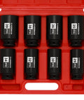 One Half Inch Drive Deep Axle Nut Impact Socket Set 12 Point Metric CR MO Heavy Duty 8 Piece in red case