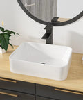 Rectangular White Vessel Sink 19x15 Inches For Above Counter Vanity, Modern Porcelain Ceramic Bathroom Basin on light wooden countertop