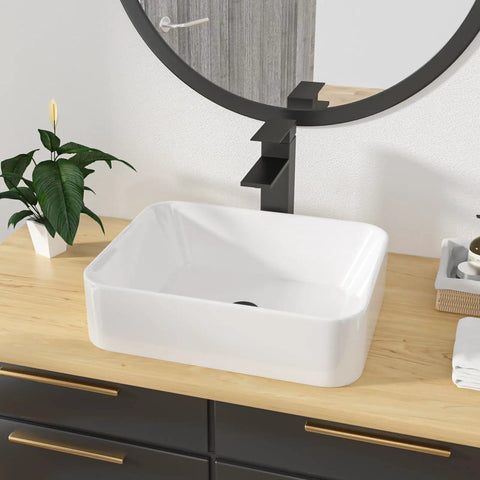 Rectangular White Vessel Sink 19x15 Inches For Above Counter Vanity, Modern Porcelain Ceramic Bathroom Basin on light wooden countertop