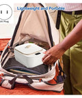 Slick White Ultrasonic Denture Washing Pod For Clear Retainers And Dainty Jewelry in a portable backpack.