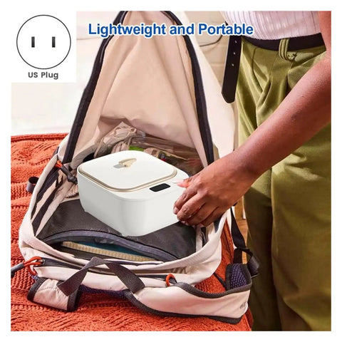 Slick White Ultrasonic Denture Washing Pod For Clear Retainers And Dainty Jewelry in a portable backpack.