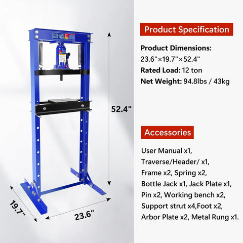 Beefy 12 Ton Hydraulic H-Frame Shop Press With Adjustable Floor Stand And Stamping Plates, blue frame with specifications.
