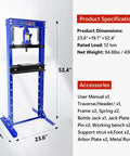 Garage Workhorse 12 Ton Hydraulic H Frame Shop Press With Adjustable Stamping Stations And Steel Base Plates For Quick Bearing Swaps And U Joint Fixes In Blue displaying dimensions and specifications.