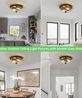 Black Flush Mount Ceiling Light Two Light Farmhouse Outdoor Porch Fixture with Seeded Glass Shade in modern kitchen.